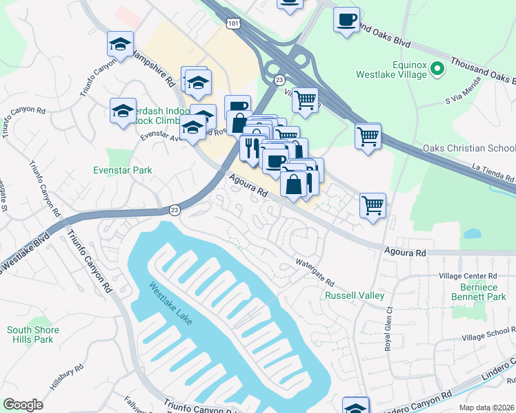 map of restaurants, bars, coffee shops, grocery stores, and more near 1122 Canterford Circle in Westlake Village