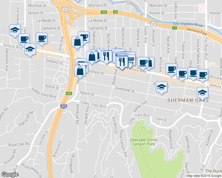 map of restaurants, bars, coffee shops, grocery stores, and more near 15102 Greenleaf Street in Los Angeles