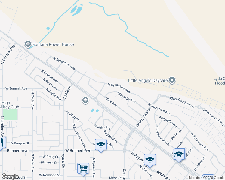 map of restaurants, bars, coffee shops, grocery stores, and more near 5642 North Sycamore Avenue in Rialto