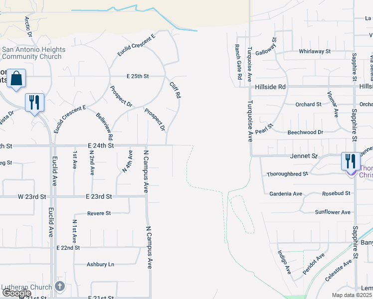 map of restaurants, bars, coffee shops, grocery stores, and more near 880 East 24th Street in Upland