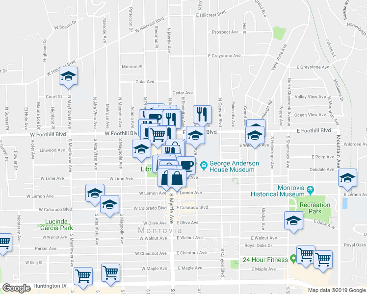 map of restaurants, bars, coffee shops, grocery stores, and more near in Monrovia
