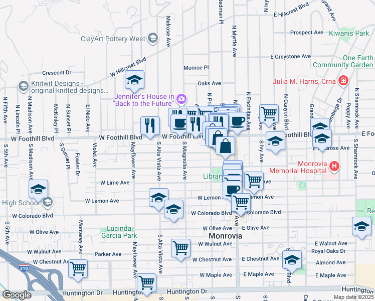 map of restaurants, bars, coffee shops, grocery stores, and more near 267 Linwood Avenue in Monrovia
