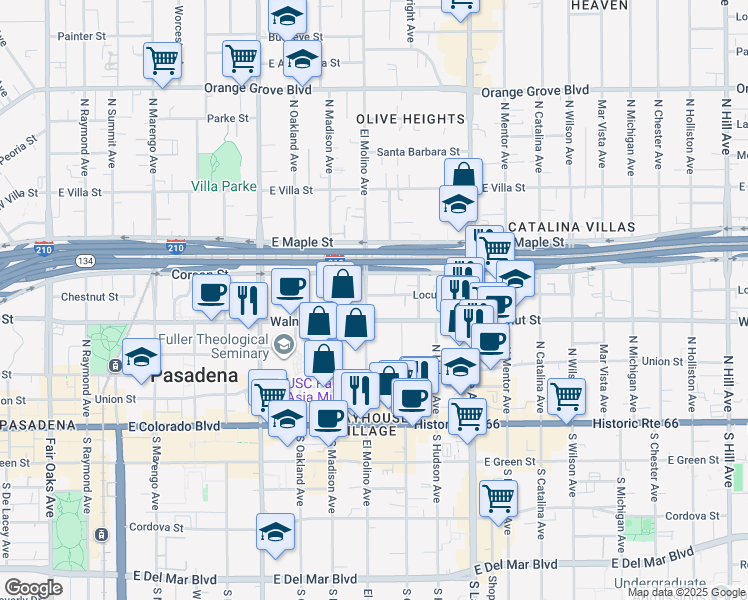 map of restaurants, bars, coffee shops, grocery stores, and more near 244 North El Molino Avenue in Pasadena
