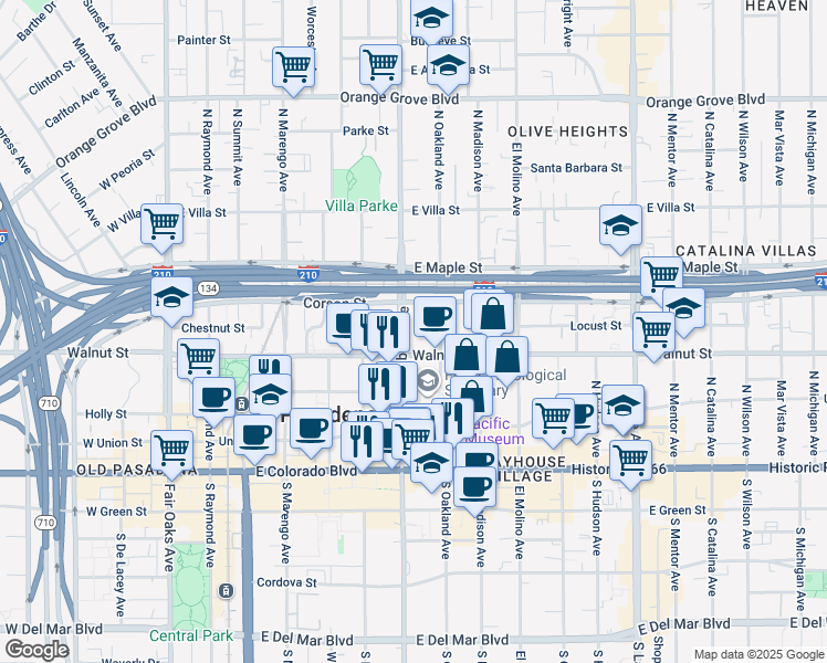 map of restaurants, bars, coffee shops, grocery stores, and more near in Pasadena