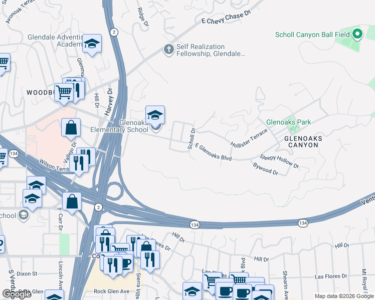 map of restaurants, bars, coffee shops, grocery stores, and more near 2208 East Glenoaks Boulevard in Glendale