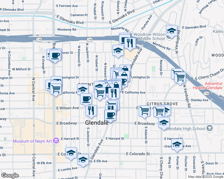 map of restaurants, bars, coffee shops, grocery stores, and more near 311a Geneva Street in Glendale