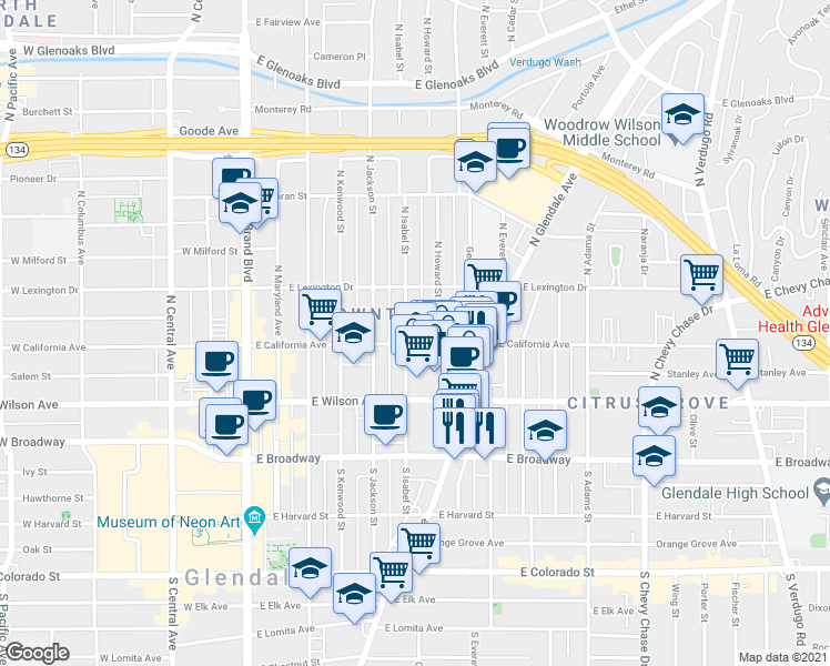 map of restaurants, bars, coffee shops, grocery stores, and more near 315 North Howard Street in Glendale