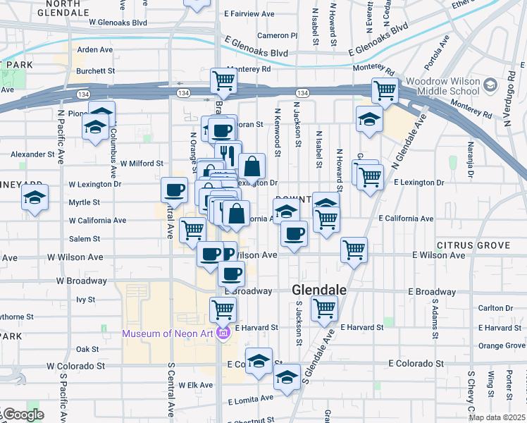 map of restaurants, bars, coffee shops, grocery stores, and more near 308 North Louise Street in Glendale
