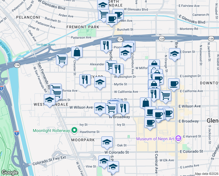map of restaurants, bars, coffee shops, grocery stores, and more near 312 North Pacific Avenue in Glendale