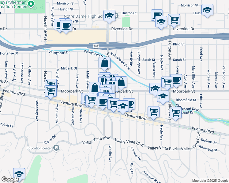 map of restaurants, bars, coffee shops, grocery stores, and more near 4356 Woodman Avenue in Los Angeles