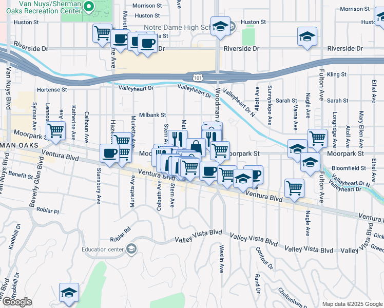 map of restaurants, bars, coffee shops, grocery stores, and more near 4410 Matilija Avenue in Los Angeles