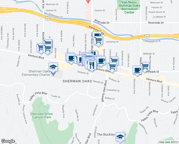 map of restaurants, bars, coffee shops, grocery stores, and more near in Los Angeles