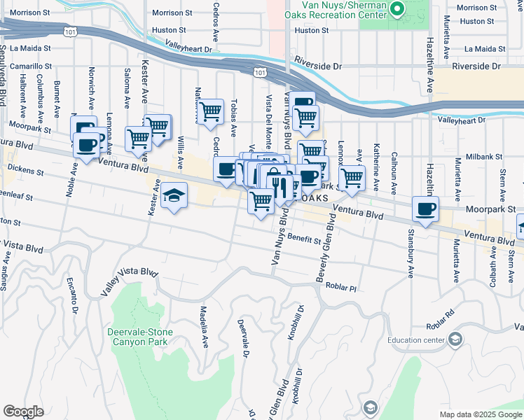 map of restaurants, bars, coffee shops, grocery stores, and more near 14541 Dickens Street in Los Angeles