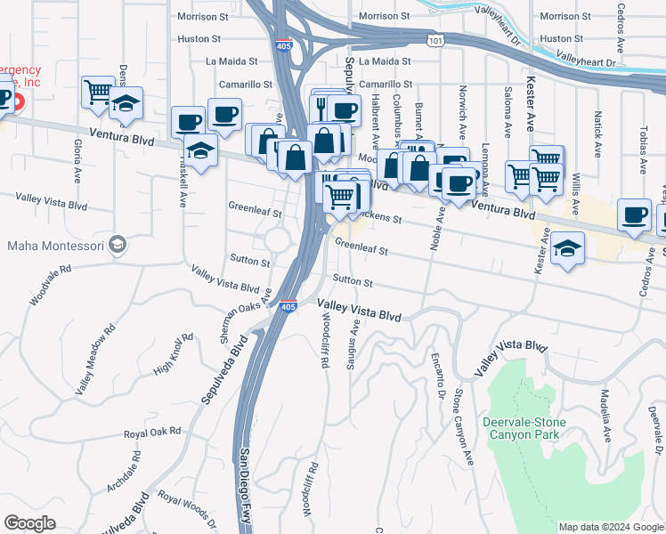 map of restaurants, bars, coffee shops, grocery stores, and more near 4414 Sepulveda Boulevard in Los Angeles