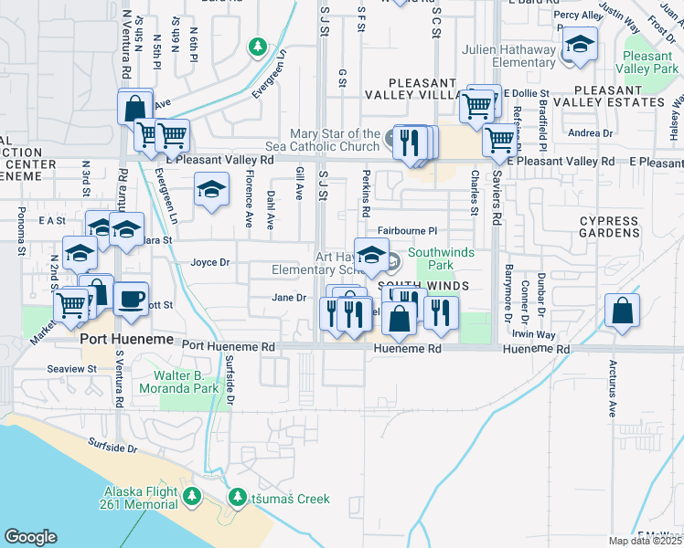 map of restaurants, bars, coffee shops, grocery stores, and more near 5360 South J Street in Oxnard