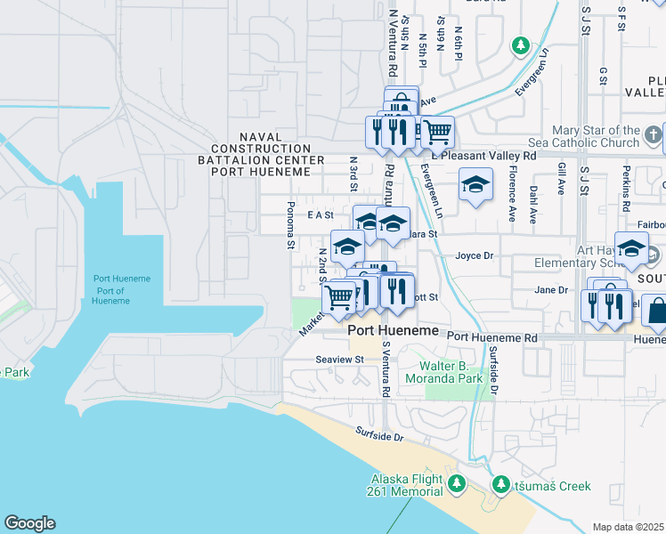 map of restaurants, bars, coffee shops, grocery stores, and more near 247 East Pearl Street in Port Hueneme