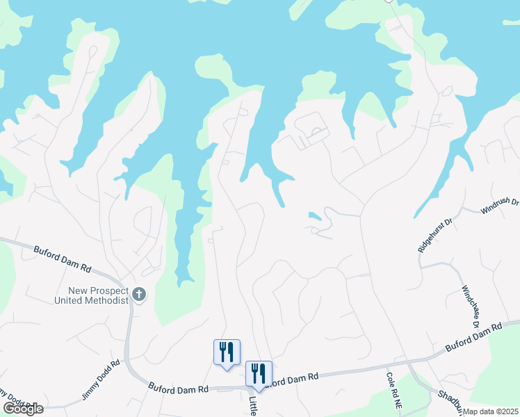 map of restaurants, bars, coffee shops, grocery stores, and more near 6006 Lanier Heights Circle in Buford