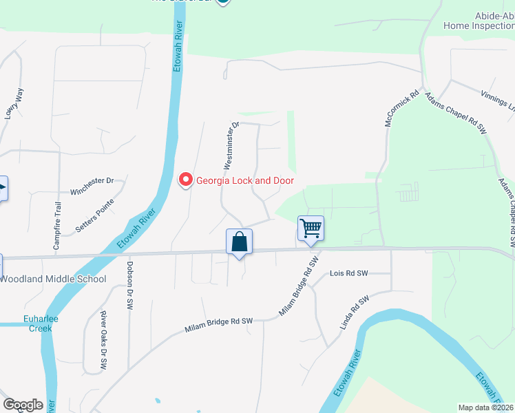 map of restaurants, bars, coffee shops, grocery stores, and more near 40 Cathedral Heights in Cartersville