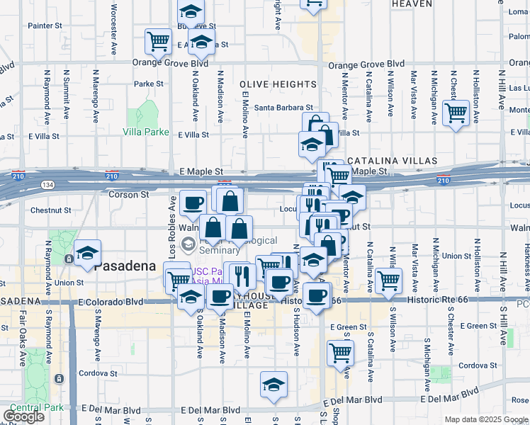 map of restaurants, bars, coffee shops, grocery stores, and more near 700 Locust Street in Pasadena
