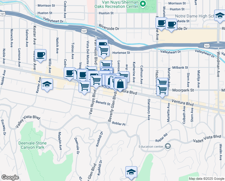 map of restaurants, bars, coffee shops, grocery stores, and more near 14396 Ventura Boulevard in Los Angeles