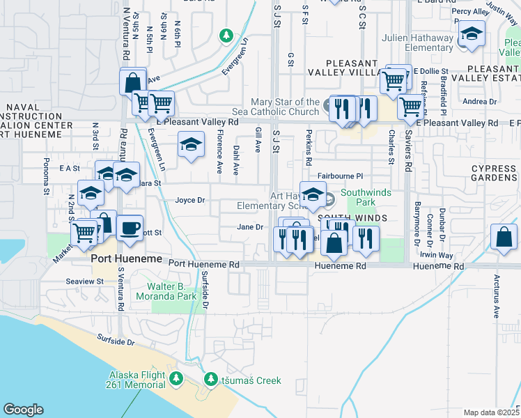 map of restaurants, bars, coffee shops, grocery stores, and more near 880 Myrna Joyce Drive in Port Hueneme