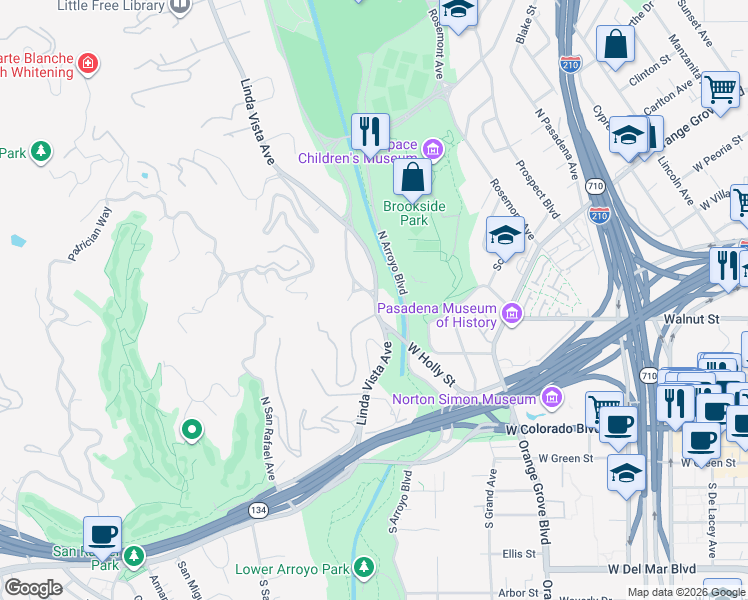 map of restaurants, bars, coffee shops, grocery stores, and more near 307 Mira Vista Terrace in Pasadena