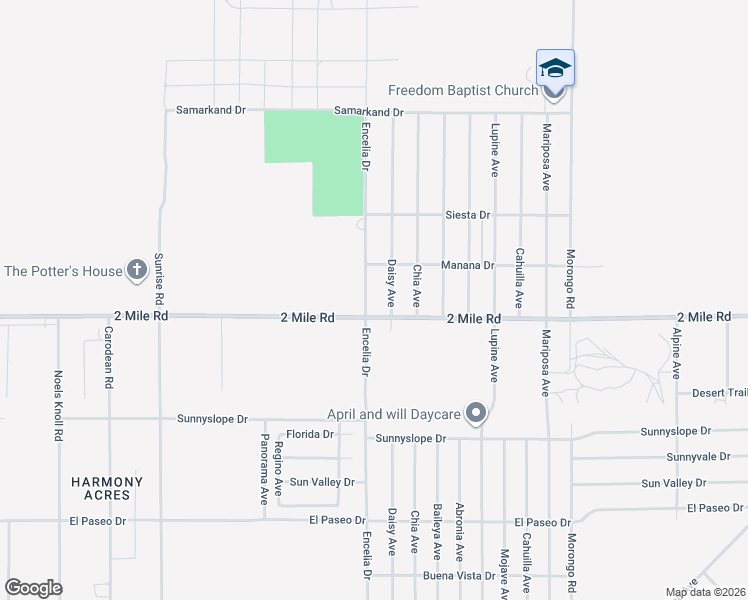 map of restaurants, bars, coffee shops, grocery stores, and more near 5671 Encelia Drive in Twentynine Palms