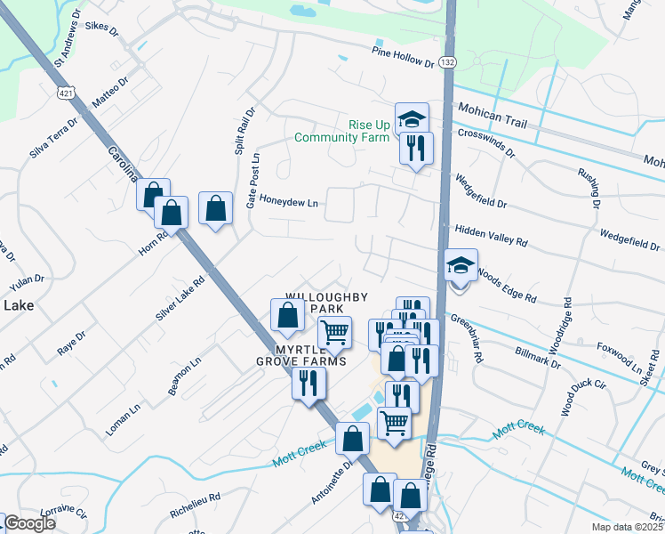 map of restaurants, bars, coffee shops, grocery stores, and more near 1608 Willoughby Park Road in Wilmington