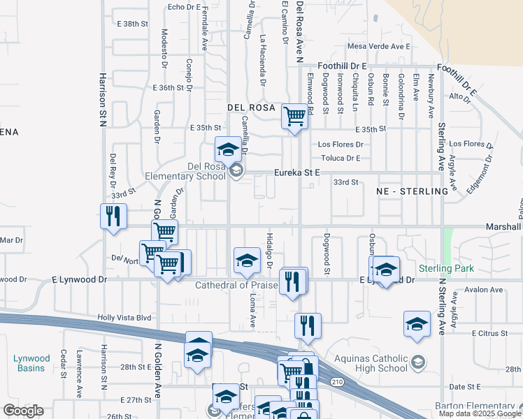 map of restaurants, bars, coffee shops, grocery stores, and more near 1480 East Marshall Boulevard in San Bernardino