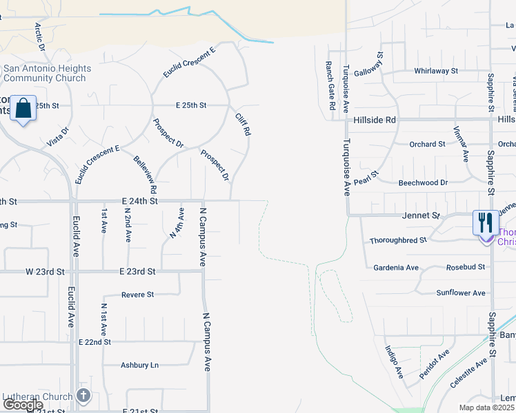 map of restaurants, bars, coffee shops, grocery stores, and more near 880 East 24th Street in Upland