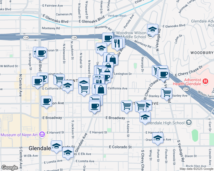 map of restaurants, bars, coffee shops, grocery stores, and more near 318 North Glendale Avenue in Glendale