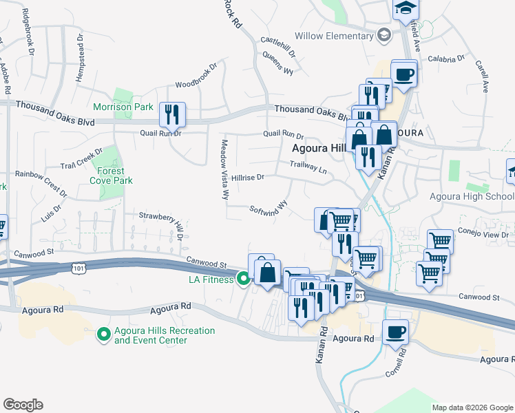 map of restaurants, bars, coffee shops, grocery stores, and more near 5453 Softwind Way in Agoura Hills