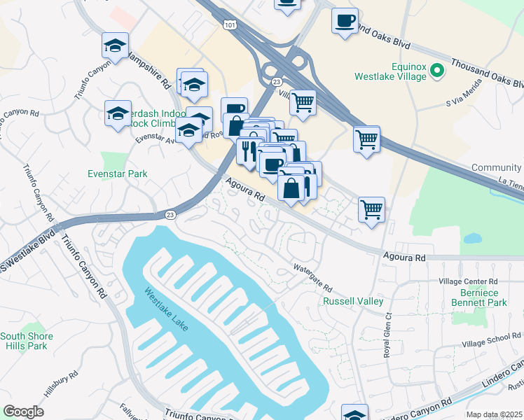 map of restaurants, bars, coffee shops, grocery stores, and more near 1137 Bright Glen Circle in Westlake Village