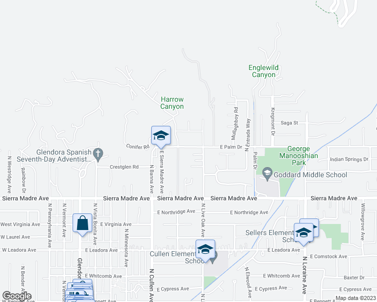 map of restaurants, bars, coffee shops, grocery stores, and more near 623 Orangecrest Avenue in Glendora