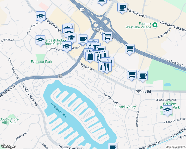 map of restaurants, bars, coffee shops, grocery stores, and more near 1137 Bright Glen Circle in Westlake Village
