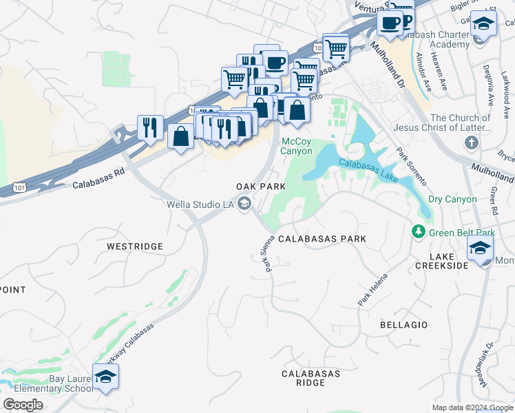 map of restaurants, bars, coffee shops, grocery stores, and more near 23675 Park Capri in Calabasas