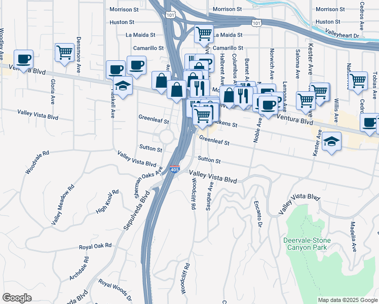map of restaurants, bars, coffee shops, grocery stores, and more near 4401 Sepulveda Boulevard in Los Angeles