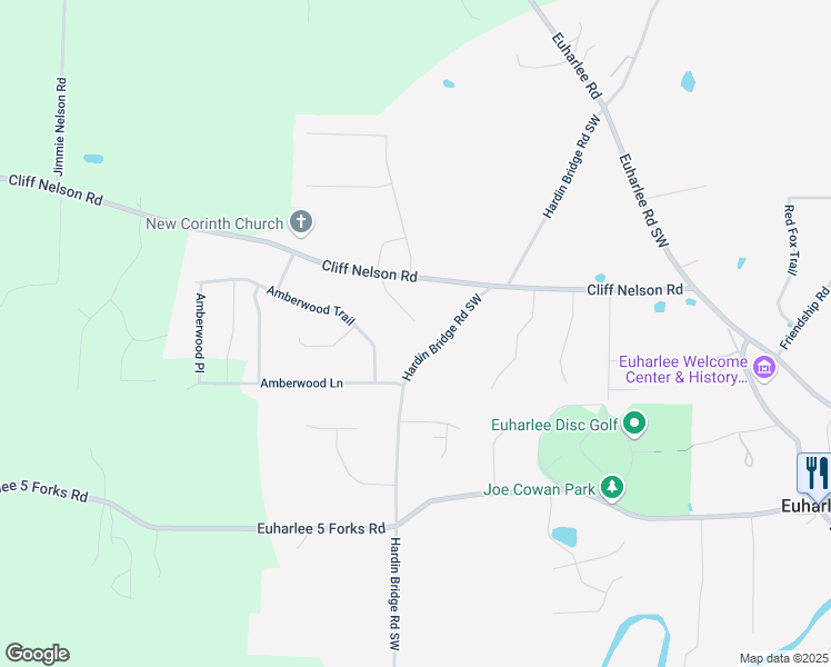 map of restaurants, bars, coffee shops, grocery stores, and more near 24 Misty Hollow Court in Euharlee