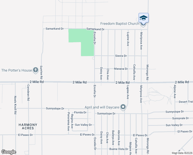 map of restaurants, bars, coffee shops, grocery stores, and more near 5671 Encelia Drive in Twentynine Palms