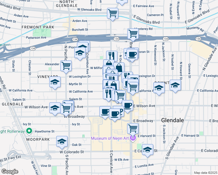 map of restaurants, bars, coffee shops, grocery stores, and more near 311 North Central Avenue in Glendale