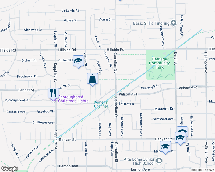 map of restaurants, bars, coffee shops, grocery stores, and more near 5726 Napa Court in Rancho Cucamonga