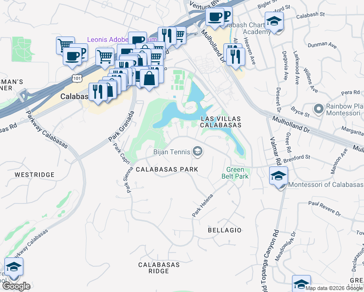 map of restaurants, bars, coffee shops, grocery stores, and more near 4370 Park Corona in Calabasas