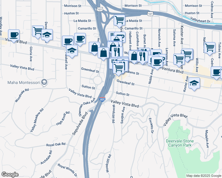 map of restaurants, bars, coffee shops, grocery stores, and more near 4401 Sepulveda Boulevard in Los Angeles