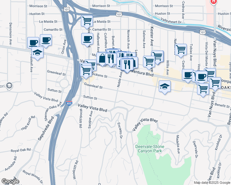 map of restaurants, bars, coffee shops, grocery stores, and more near 15102 Greenleaf Street in Los Angeles