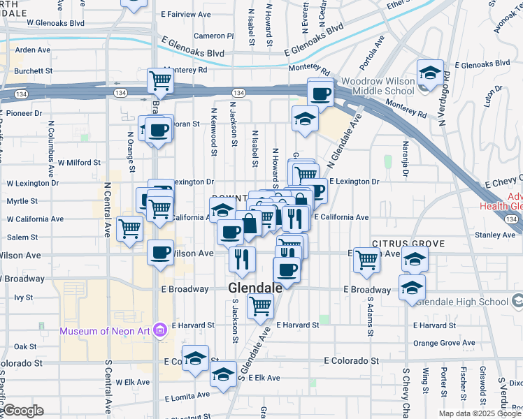 map of restaurants, bars, coffee shops, grocery stores, and more near 315 North Howard Street in Glendale