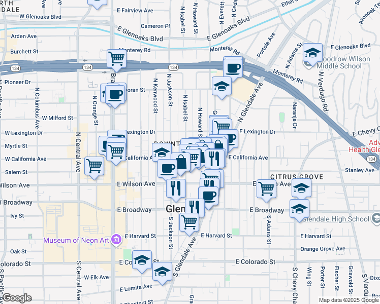 map of restaurants, bars, coffee shops, grocery stores, and more near 300 North Isabel Street in Glendale