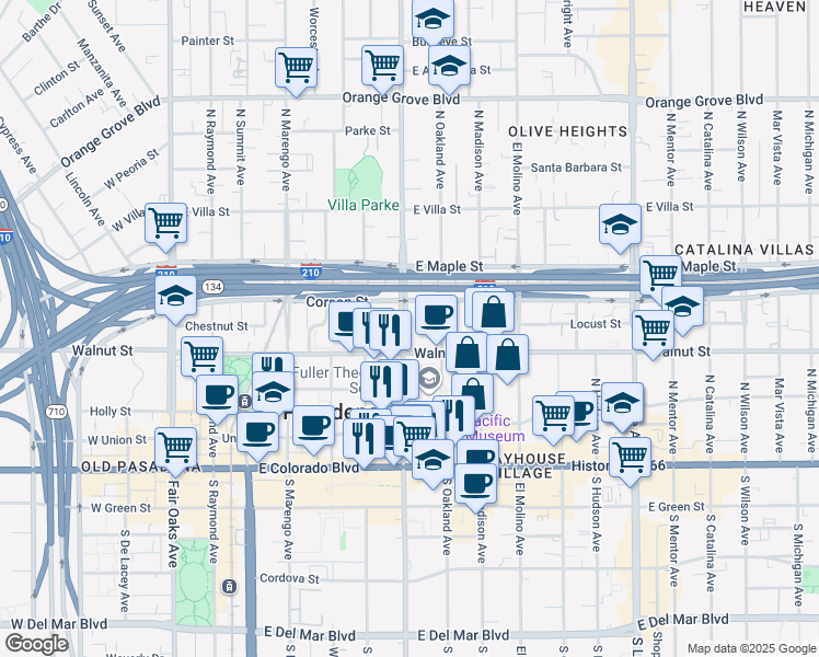 map of restaurants, bars, coffee shops, grocery stores, and more near in Pasadena