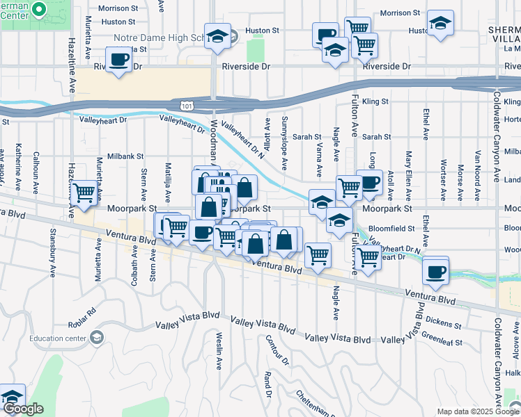 map of restaurants, bars, coffee shops, grocery stores, and more near 13543 Moorpark Street in Los Angeles