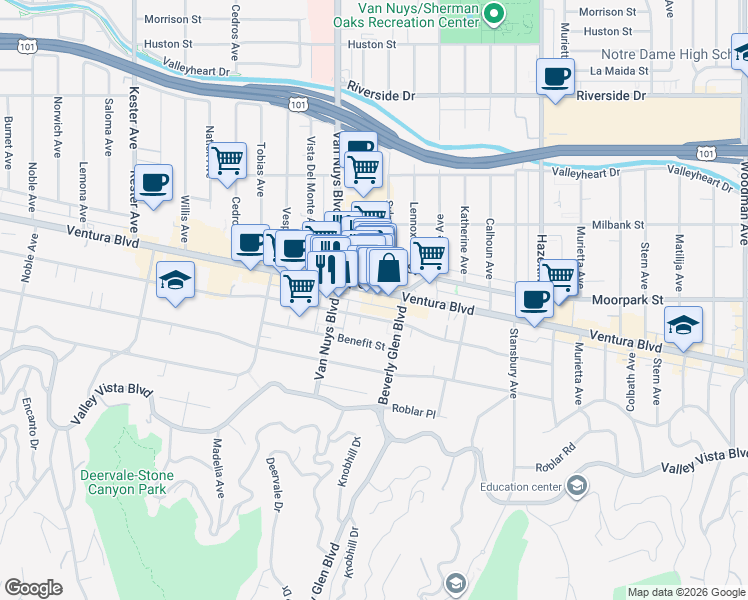 map of restaurants, bars, coffee shops, grocery stores, and more near 14446 Ventura Boulevard in Los Angeles