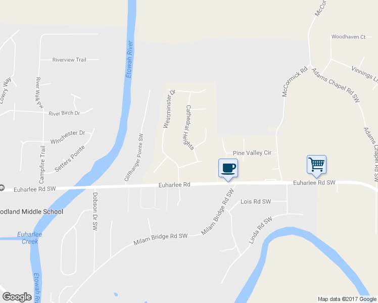 map of restaurants, bars, coffee shops, grocery stores, and more near 40 Cathedral Heights in Cartersville